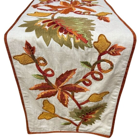 PIER 1 IMPORTS Table Runner Embroidered Harvest Floral and Leaves 14x70" - Picture 2 of 12